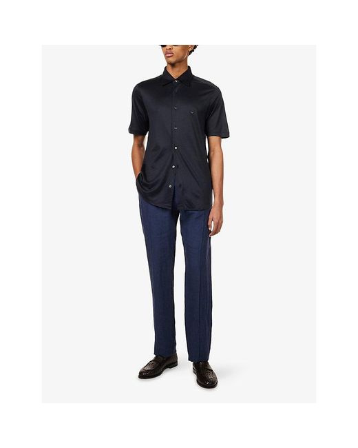 Emporio Armani Blue Slim-Fit Short-Sleeve Cotton-Blend Shirt for men