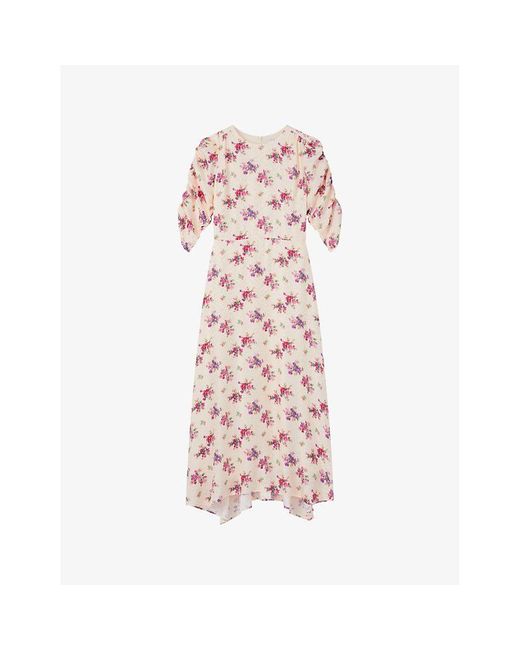 L.K.Bennett Pink Delilah Bouquet-print Ruched-sleeve Silk Midi Dress