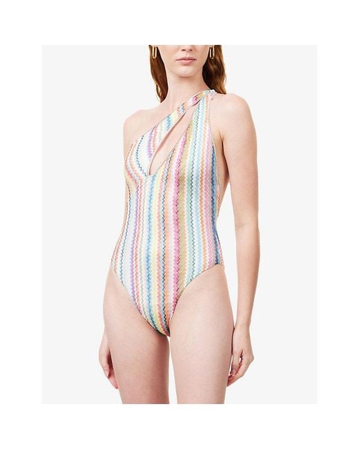 Missoni White One-Shoulder Chevron-Pattern Woven Swimsuit