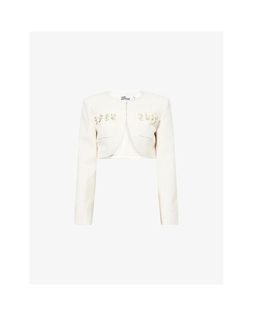 Self-Portrait White 3D Floral-Appliqué Cropped Crepe Jacket