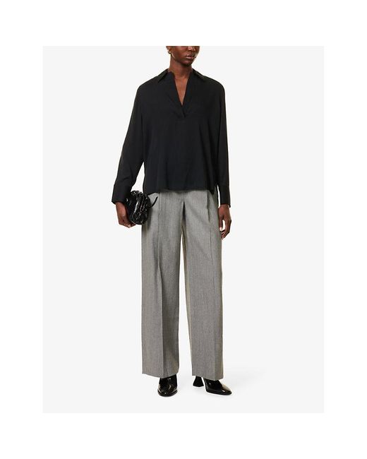 Vince Black Collar V-Neck Silk-Blend Shirt