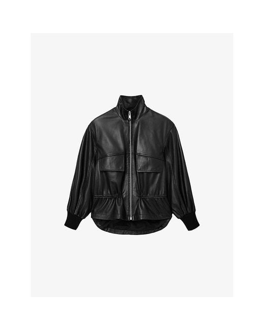 AllSaints Black Flor Funnel-Neck Leather Jacket