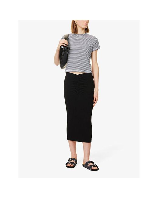 James Perse Black Ruched Slim-fit Cotton-blend Midi Skirt