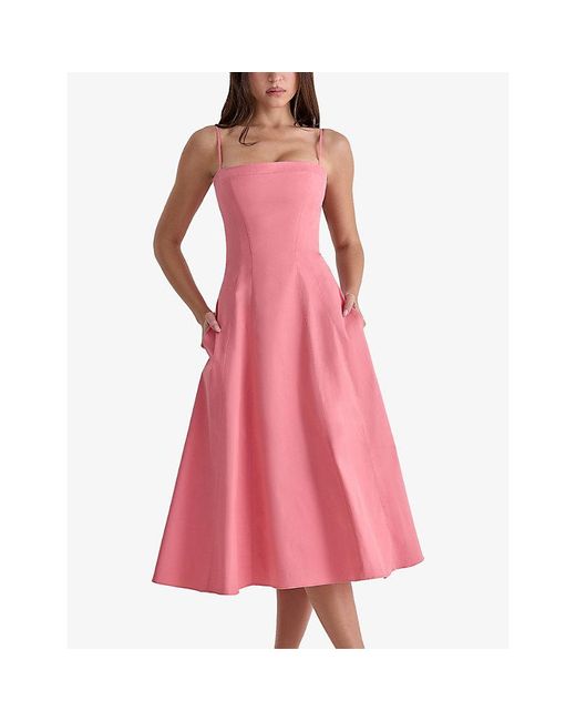 House Of Cb Pink Dolly Square-Neck Stretch-Cotton Midi Dress Xs (A-C Cup)