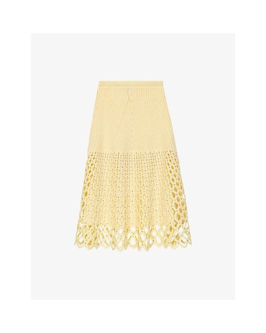 Maje Yellow Crochet Rhinestone-Embellished Knitted Midi Skirt