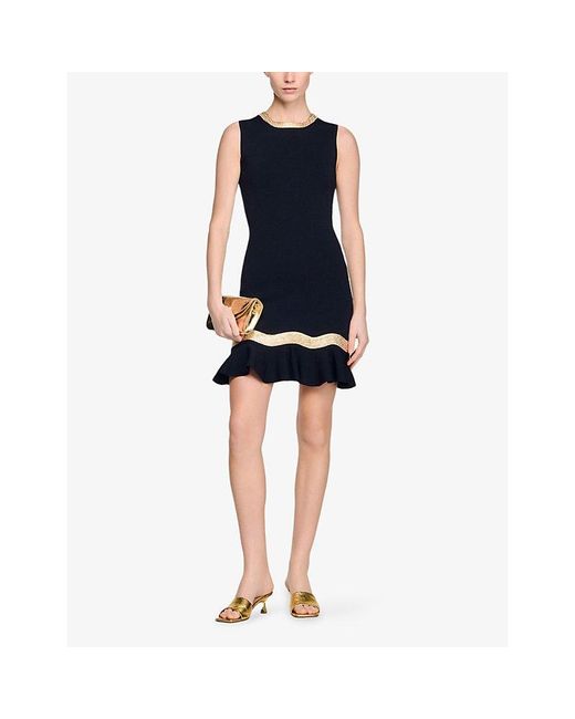 Sandro Black Metallic-Trim Sleeveless Knitted Mini Dress