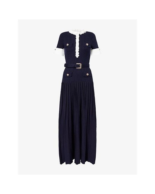 Self-Portrait Blue Floral-Trim Ribbed-Knit Midi Dress