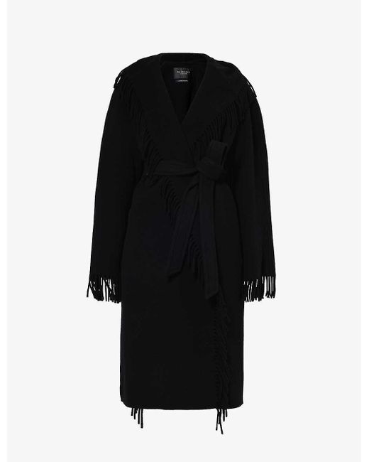 Balenciaga Black Fringe Belt-loop Relaxed-fit Wool Coat