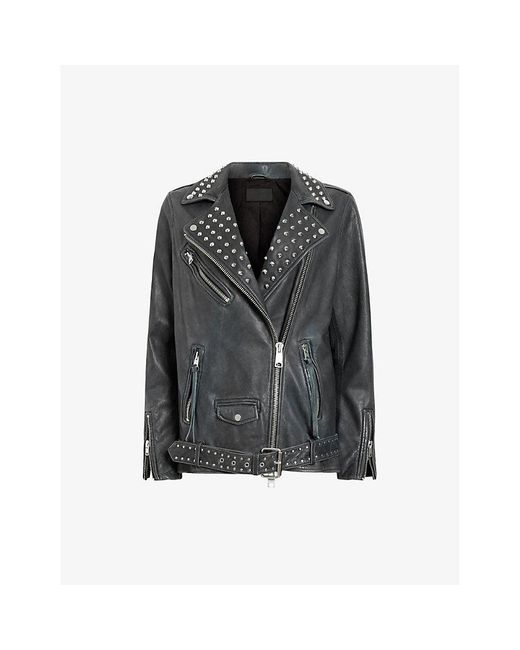 AllSaints Black Billie Stud-Embellished Leather Jacket