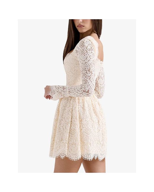 House Of Cb Natural Fae Square-Neck Long-Sleeve Lace Mini Dress