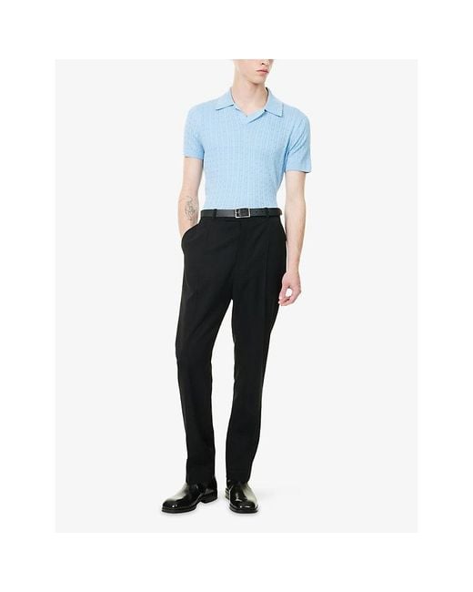 Dunhill Blue Short-Sleeve Cable-Knit Cotton And Silk-Blend Polo Shirt for men