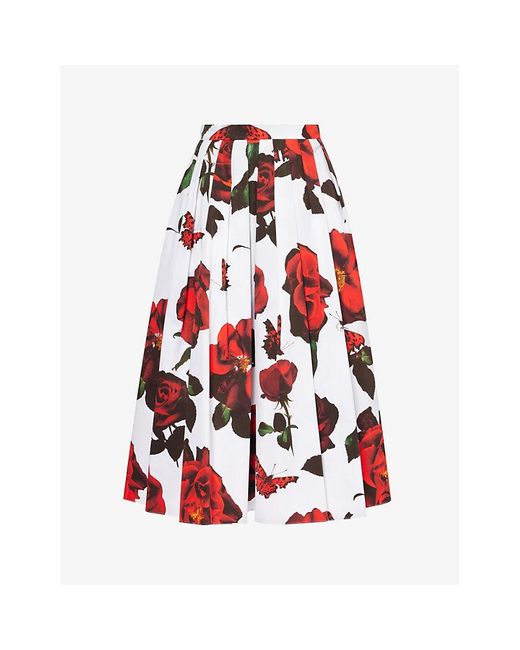 Alexander McQueen Red Floral-pattern Cotton-poplin Midi Skirt