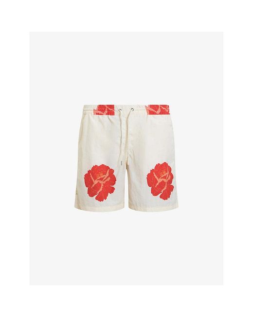 AllSaints Red Rose Graphic-print Relaxed-fit Woven Swim Short for men