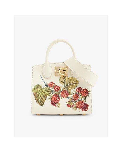 Ferragamo White Studio Box Berry-print Leather Top-handle Bag