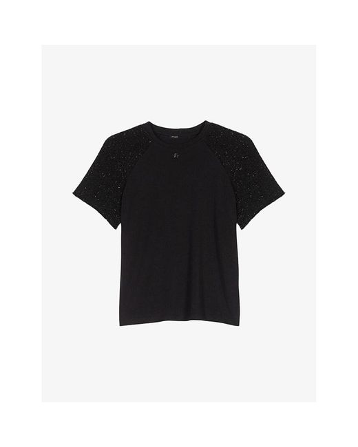 Maje Black Contrast-sleeve Cotton T-shirt