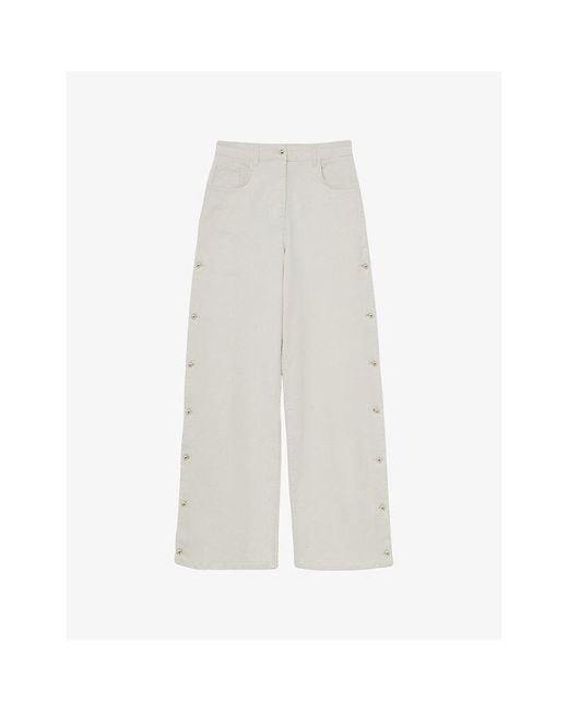 Reiss White Evelyn Side-Button Wide-Leg High-Rise Stretch-Denim Jeans
