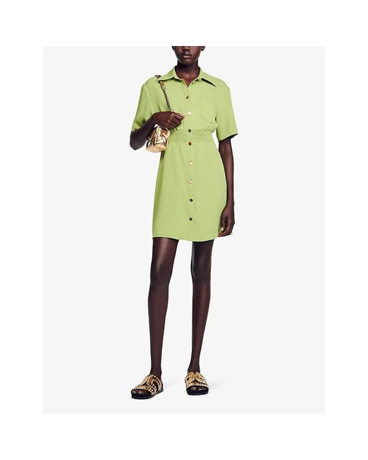 Sandro Green Patch-pocket Shirred-waist Woven Mini Dress