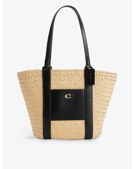 COACH Black Logo-patch Straw And Leather Tote Bag