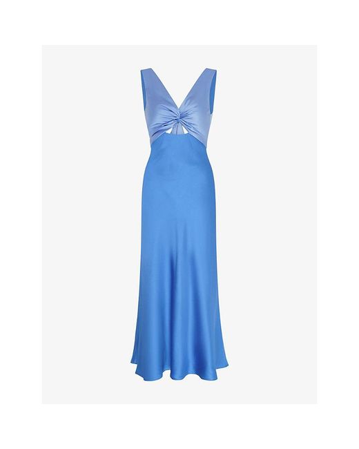OMNES Blue Maggy V-Neck Cut-Out Sleeveless Satin Midi Dress