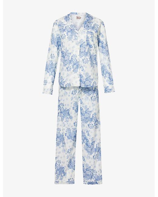Desmond & Dempsey Blue Floral-print Long-sleeve Cotton Pyjama Set