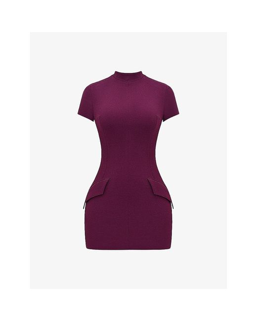 House Of Cb Purple Alia Flap-Pocket Stretch-Woven Mini Dress