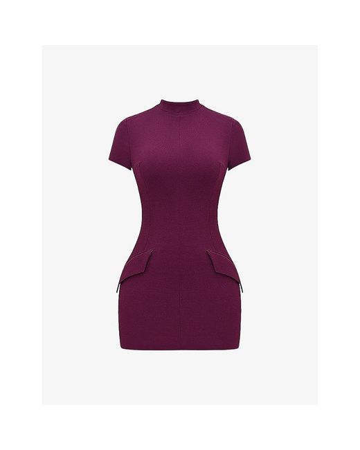 House Of Cb Purple Alia Flap-pocket Stretch-woven Mini Dress