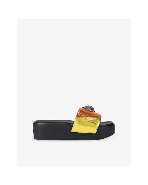 Kurt Geiger Yellow Meena Eagle Platform Woven Slides