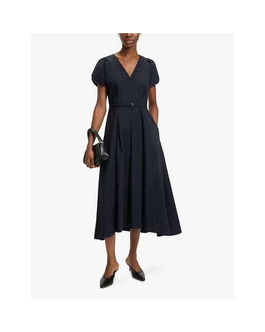 Boss Blue V-Neck Belted-Waist Cotton-Blend Midi Dress