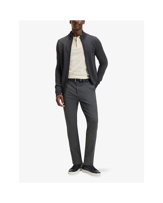 Boss Gray Herringbone Slim-Leg Stretch-Woven Trousers for men