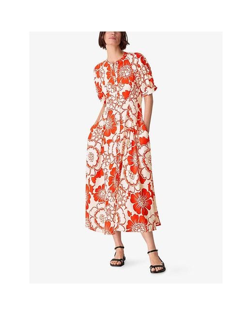 Whistles Red Floral-Print Short-Sleeved Woven Midi Dress