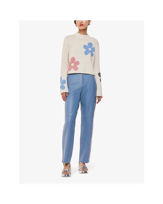 Whistles Blue Patch-pocket Straight-leg Mid-rise Leather Trousers