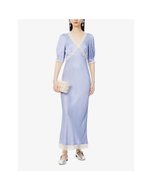 Rixo Blue Annina Lace-trim Satin Midi Dress