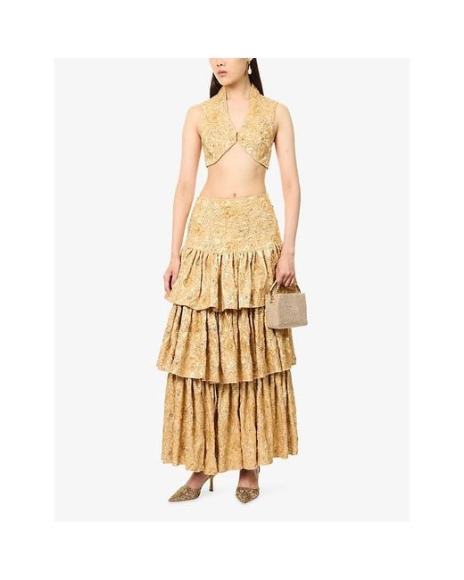 GRACE FAENA Metallic Roses Tiered Beaded Silk Midi Skirt