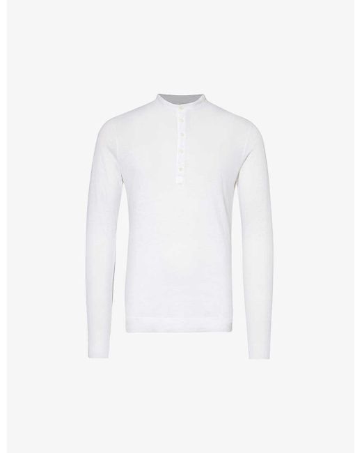 120% Lino White Henley Contrast-trim Linen T-shirt for men