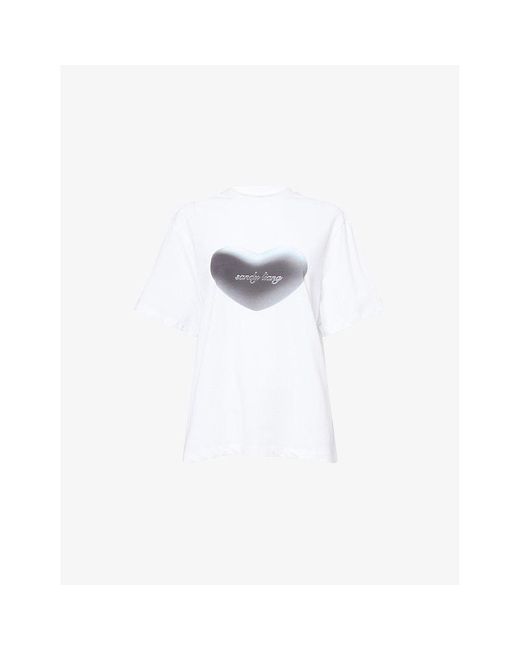 Sandy Liang White Chouchou Heart-Print Cotton-Jersey T-Shirt