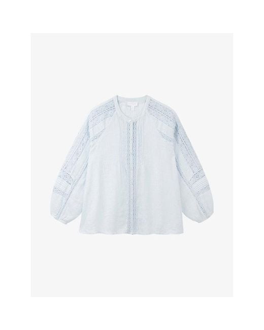 The White Company Blue Long-Sleeved Lace-Insert Linen Blouse