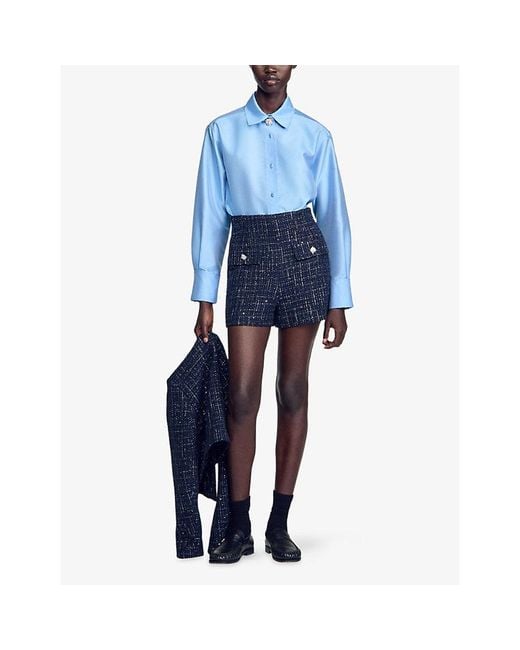 Sandro Blue Decorative High-Rise Tweed Shorts