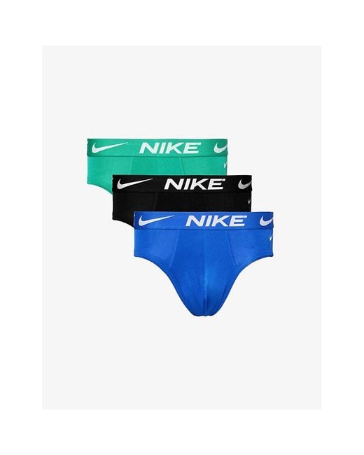 Nike Blue Branded-waistband Mid-rise Fitted Stretch Recycled-polyester Briefs Pack Of Three X for men