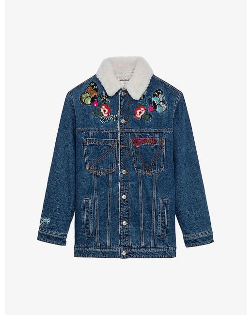Zadig & Voltaire Blue Kiome Shearling-collar Floral-embroidered Denim Jacket