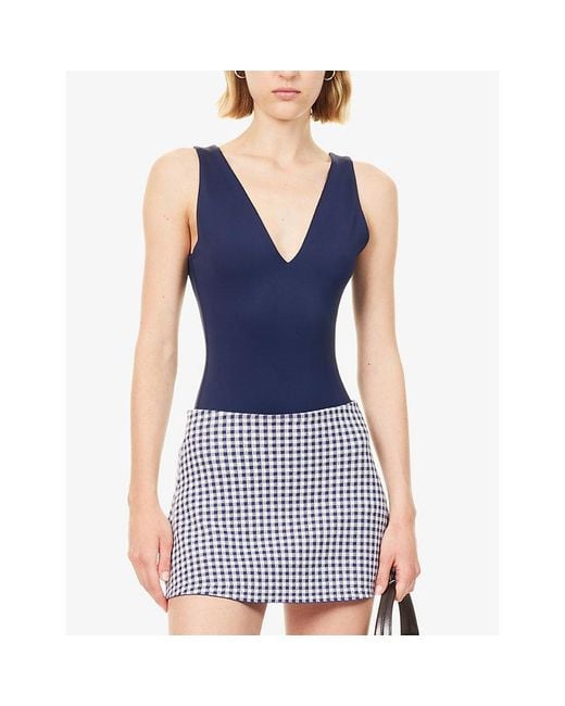 GOOD AMERICAN Blue Sculpting Deep V-Neck Stretch-Jersey Bodysuit