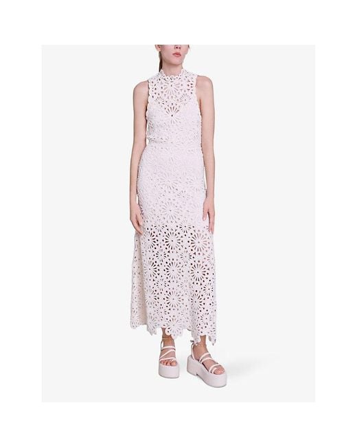 Maje White Beaded Crochet Woven Maxi Dress