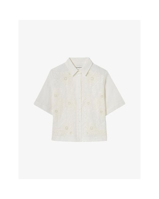 Claudie Pierlot White Embroidered Short-Sleeved Cotton-Blend Shirt
