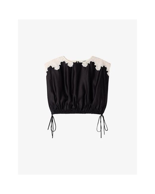 Sandro Black Lace-Trim Cropped Satin Top
