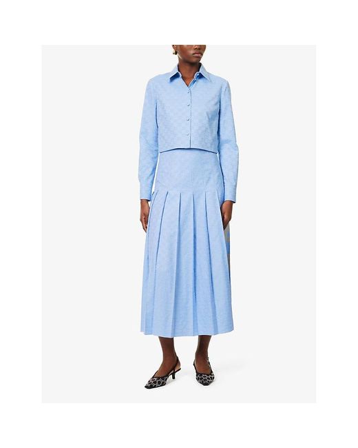 Gucci Blue Monogram-pattern Pleated Cotton Midi Skirt