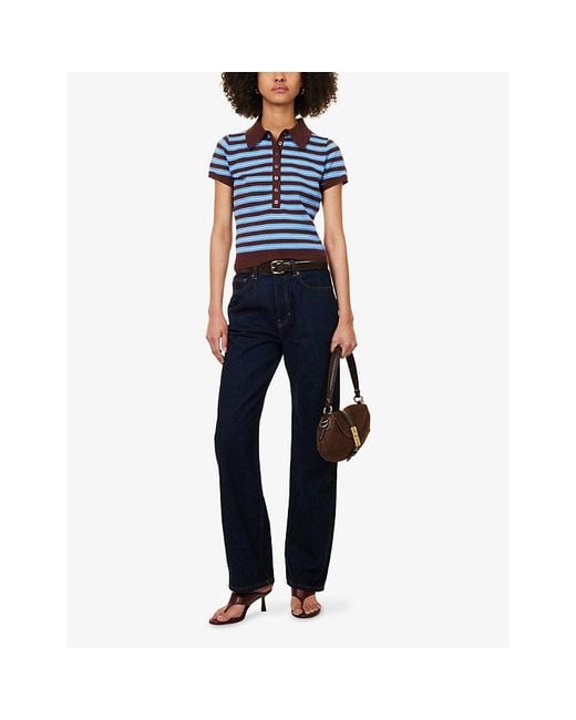 Reformation Blue Bentley Striped Cotton-Blend Polo-Top