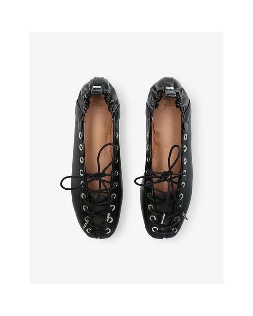 Ganni Black Eyelets Lace-Up Vegan Leather Ballerina Flats