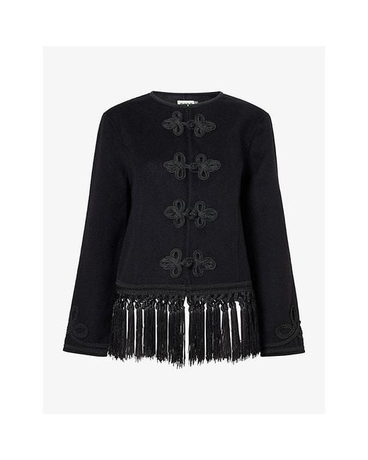 Rixo Black Inga Embroidered Wool-Blend Jacket