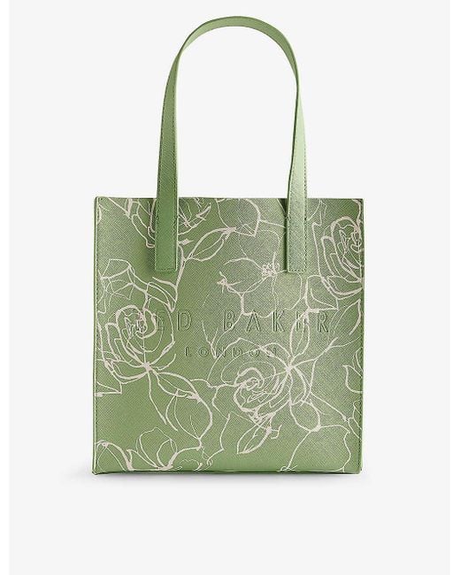 Ted Baker Green Linecon Linear-floral Small Icon Faux-leather Tote