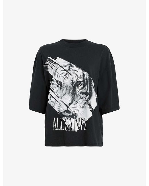 AllSaints Black Amelie Graphic-print Relaxed-fit Cotton T-shirt