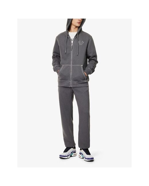 True Religion Gray Big-T Contrast-Stitching Relaxed-Fit Cotton-Blend Hoody for men